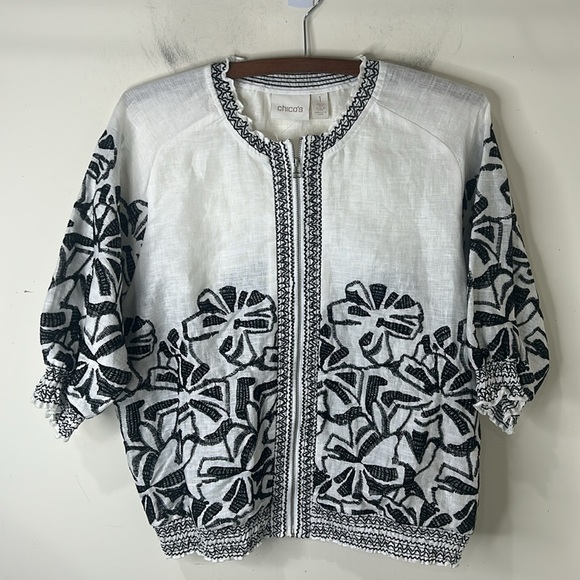 CHICO’S Embroidered Smocked Jacket 3/4 Sleeves White/Black Size 1 Medium - Picture 3 of 16